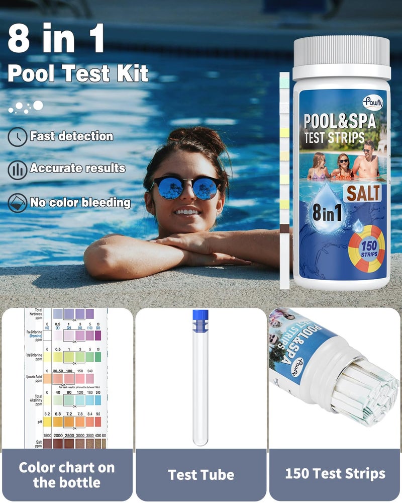 Pawfly 8 in 1 Pool Test Strips, 150 Pool Spa and Hot Tub Test Strips, Quick Accurate Strips, Pool Water Testing Kit for pH Free Chlorine Total Chlorine Hardness Bromine Cyanuric Acid Alkalinity & Salt - Image 2
